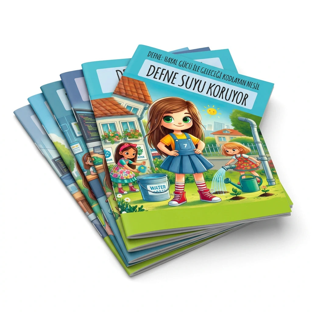 Defne Hayal Gücü ile Geleceği Kodlayan Nesil 6 kitaplık çocuk eğitim serisi ve Defne Suyu Koruyor kitap kapağı.
