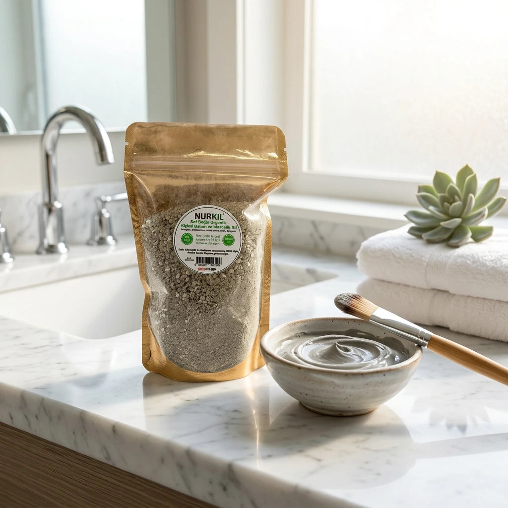 Ahşap masada beyaz mineral taşları arasında sergilenen Nurkil organik maskelik kil sunumu.
