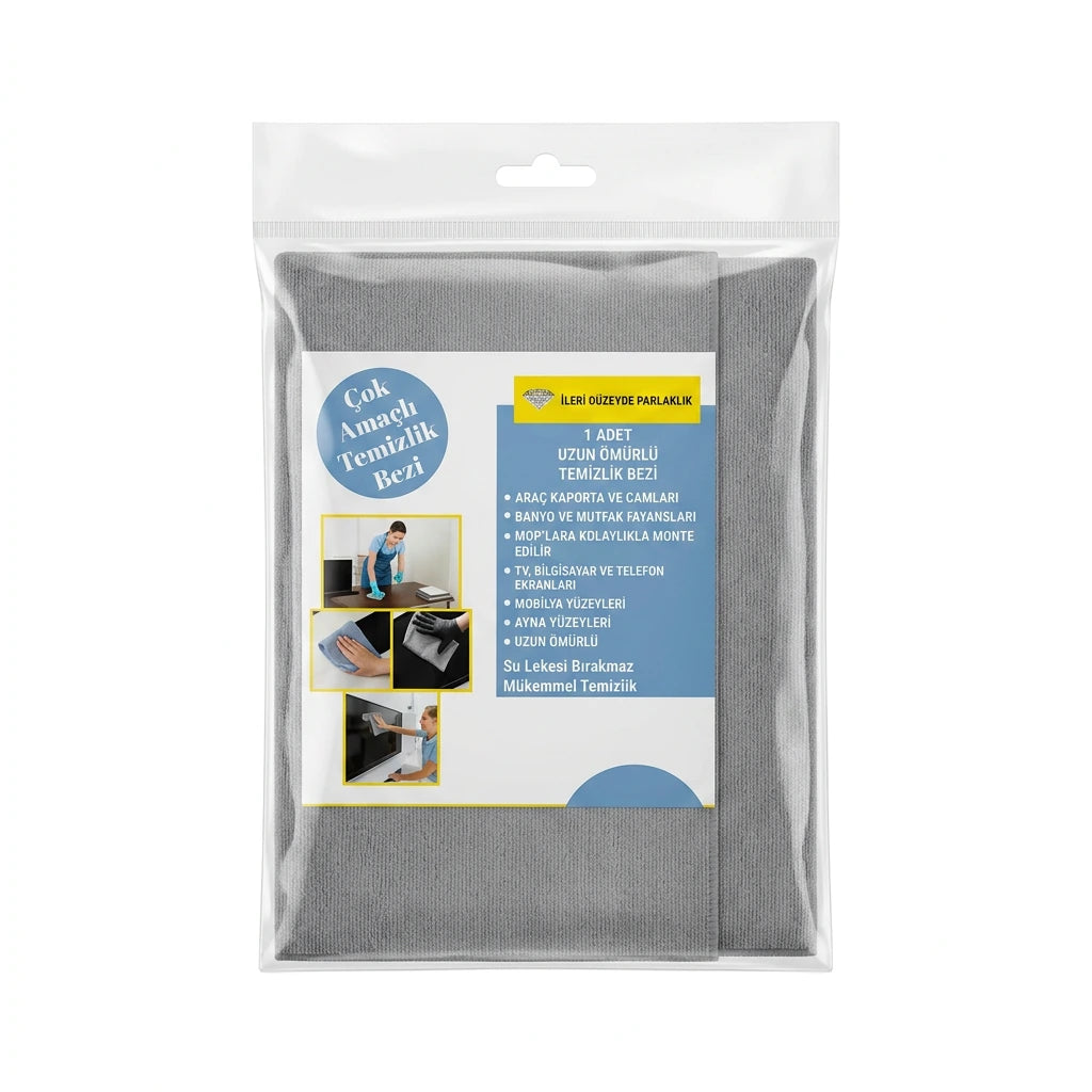 Nurkil gri renkli tekli uzun ömürlü mikrofiber temizlik bezi paketli görünümü.