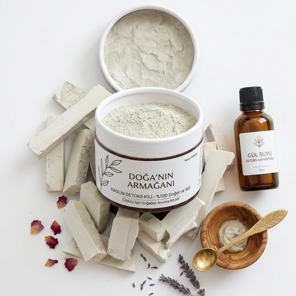 Saf kaolin minerali - İnce öğütülmüş doğal beyaz kil tozu ve ham parçaları.