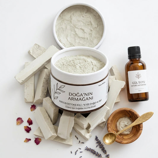 Saf kaolin minerali - İnce öğütülmüş doğal beyaz kil tozu ve ham parçaları.