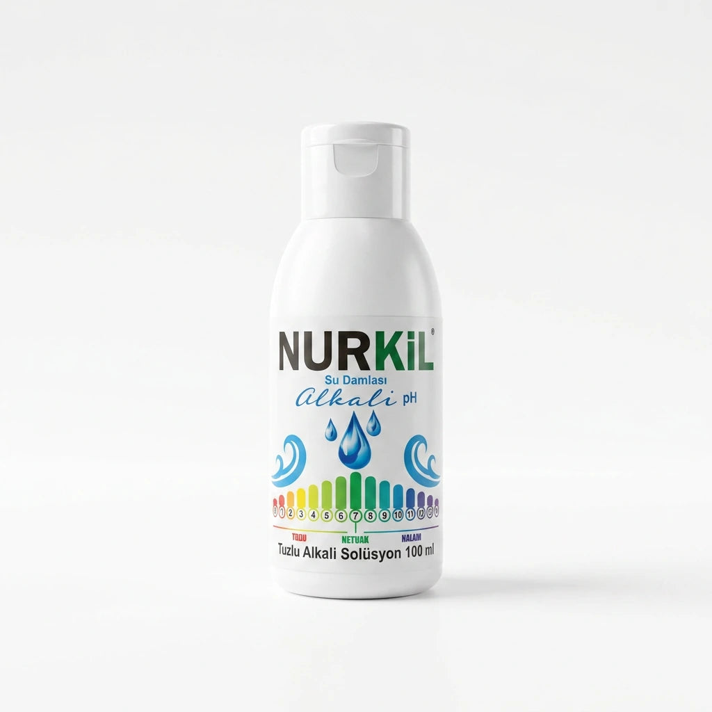 Nurkil Alkali Mineral Su Damlası 100 ml beyaz fon ürün fotoğrafı ve pH cetveli detaylı etiket.
