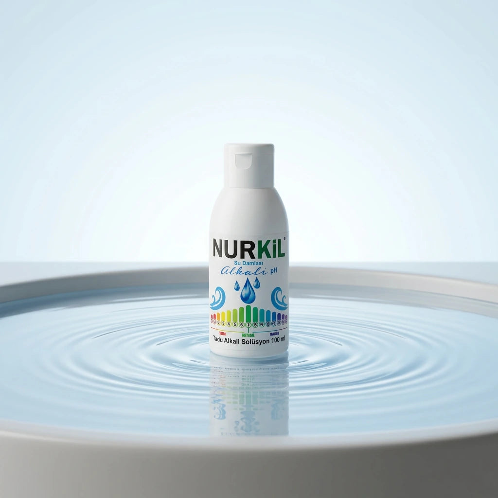 Su halkaları ve berrak yansımalar üzerinde sergilenen Nurkil alkali mineral solüsyonu şişesi.
