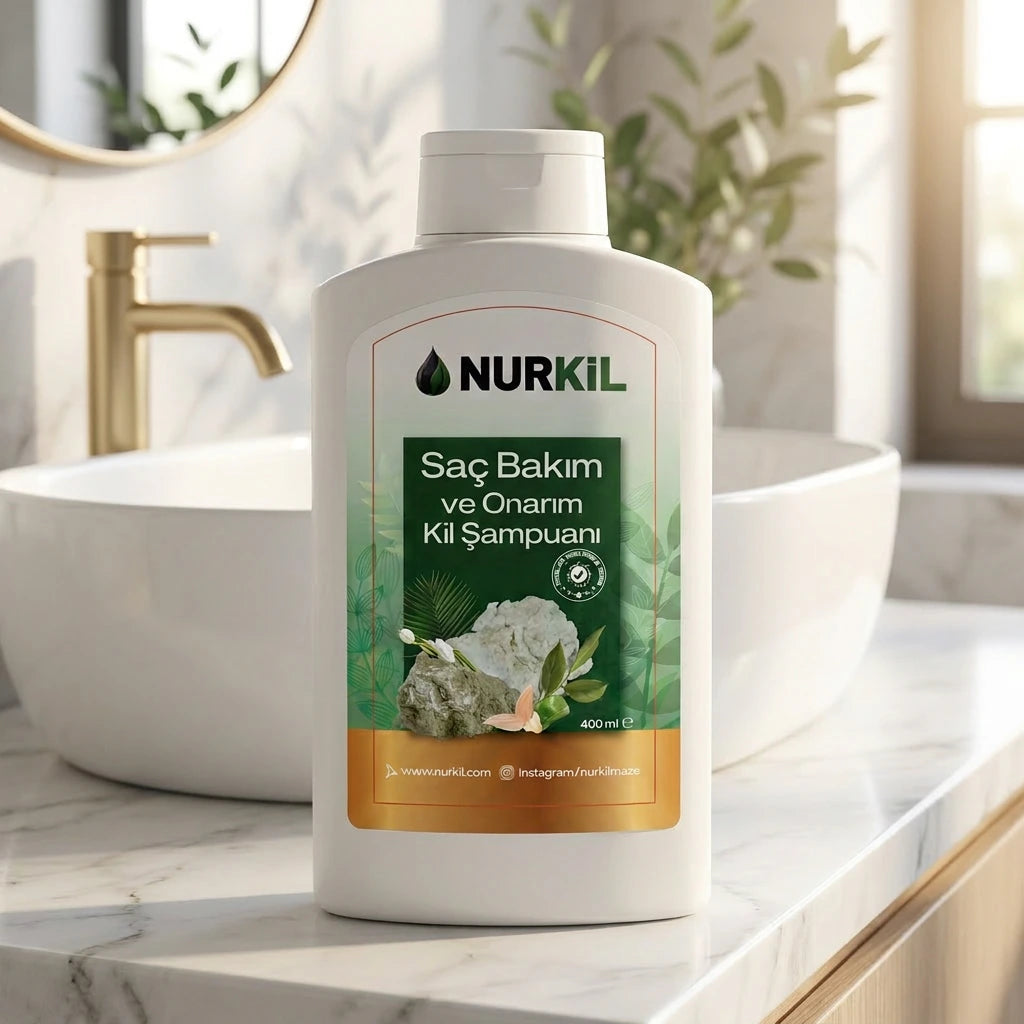 Nurkil onarıcı kil şampuanı 400 ml beyaz fon profesyonel ürün fotoğrafı.