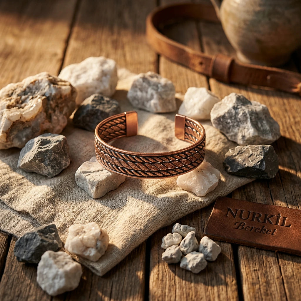 Geleneksel ahşap masada beyaz mineral taşları arasında sunulan Nurkil bakır bileklik koleksiyonu.