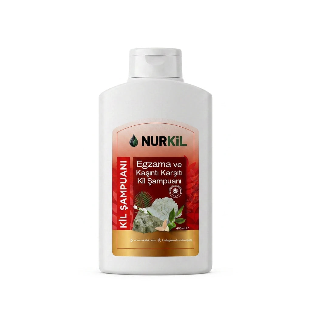 Nurkil %100 doğal egzama ve kepek karşıtı kil şampuanı 400 ml ürün şişesi görseli.