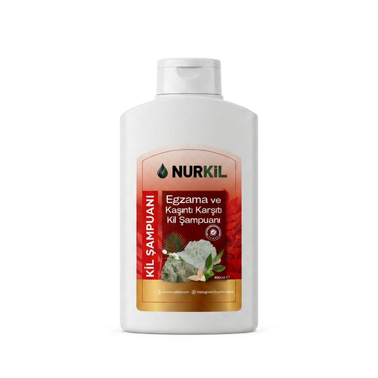 Nurkil %100 doğal egzama ve kepek karşıtı kil şampuanı 400 ml ürün şişesi görseli.
