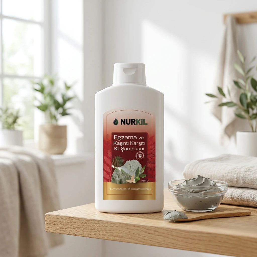 Aydınlık banyo tezgahında bitkiler ve havlu eşliğinde Nurkil kepek karşıtı mineral şampuanı.
