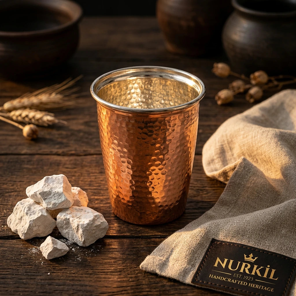 Geleneksel ahşap masada beyaz mineral taşları ve Nurkil logosu ile sergilenen el işçiliği bakır bardak.