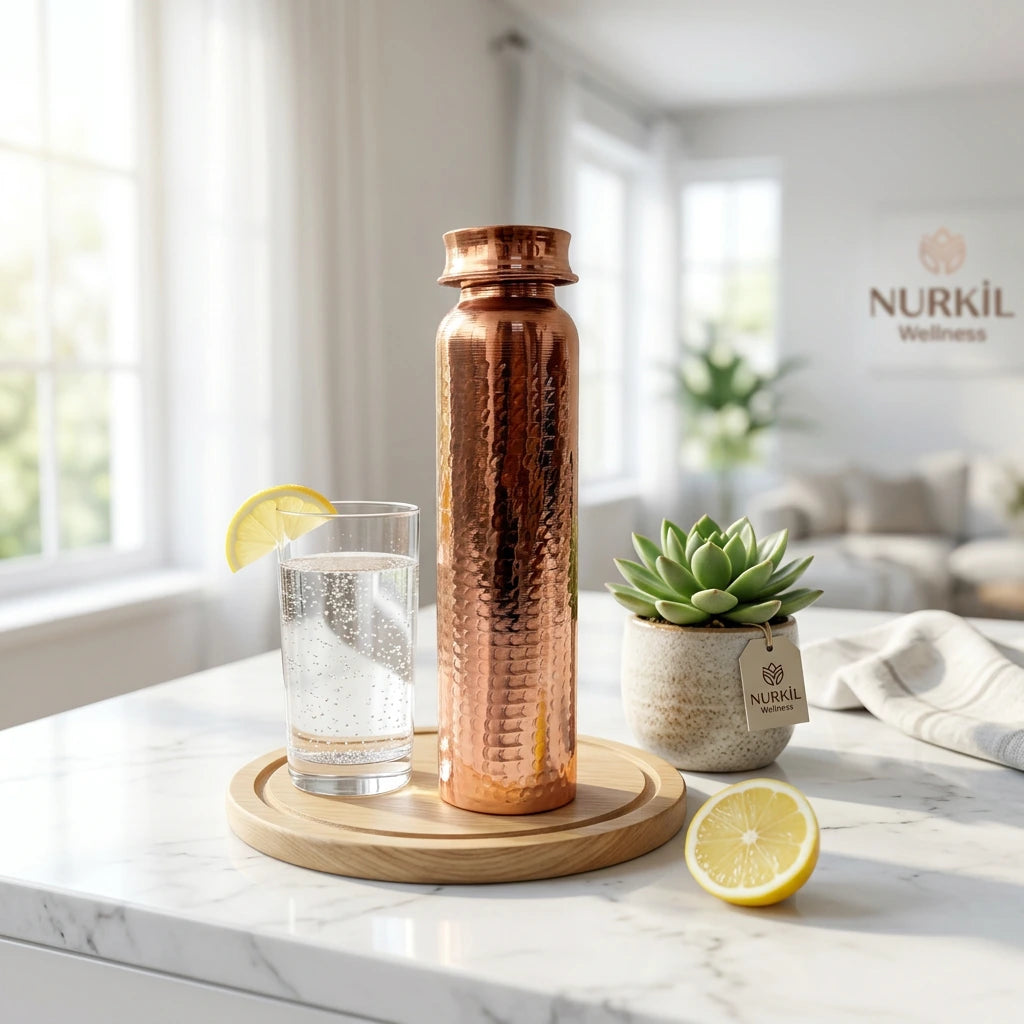 Modern mutfak tezgahında bir bardak su ve taze limon eşliğinde Nurkil bakır matara sunumu.