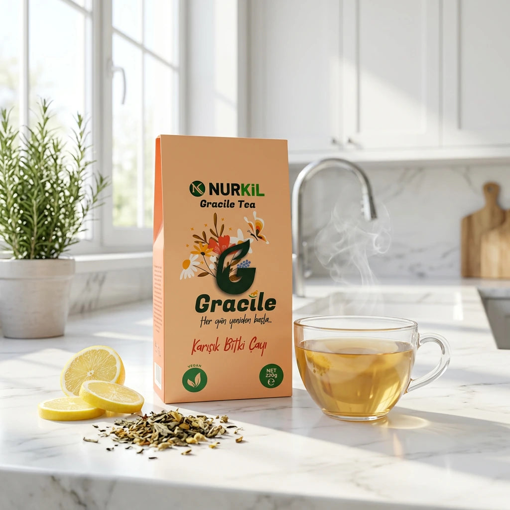 Modern mutfakta taze limon dilimleri ve bir fincan çay eşliğinde sunulan Nurkil Gracile çay.