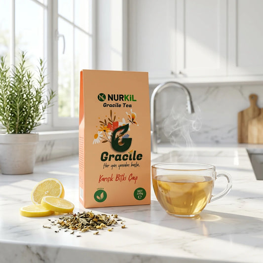 Modern mutfakta taze limon dilimleri ve bir fincan çay eşliğinde sunulan Nurkil Gracile çay.