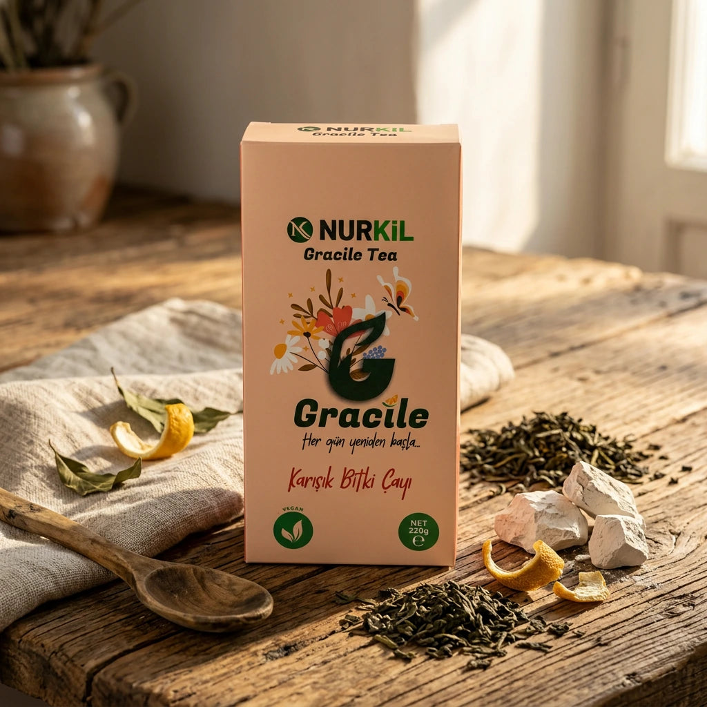 Geleneksel ahşap masada limon kabukları, kurutulmuş bitkiler ve Nurkil çay kutusu.