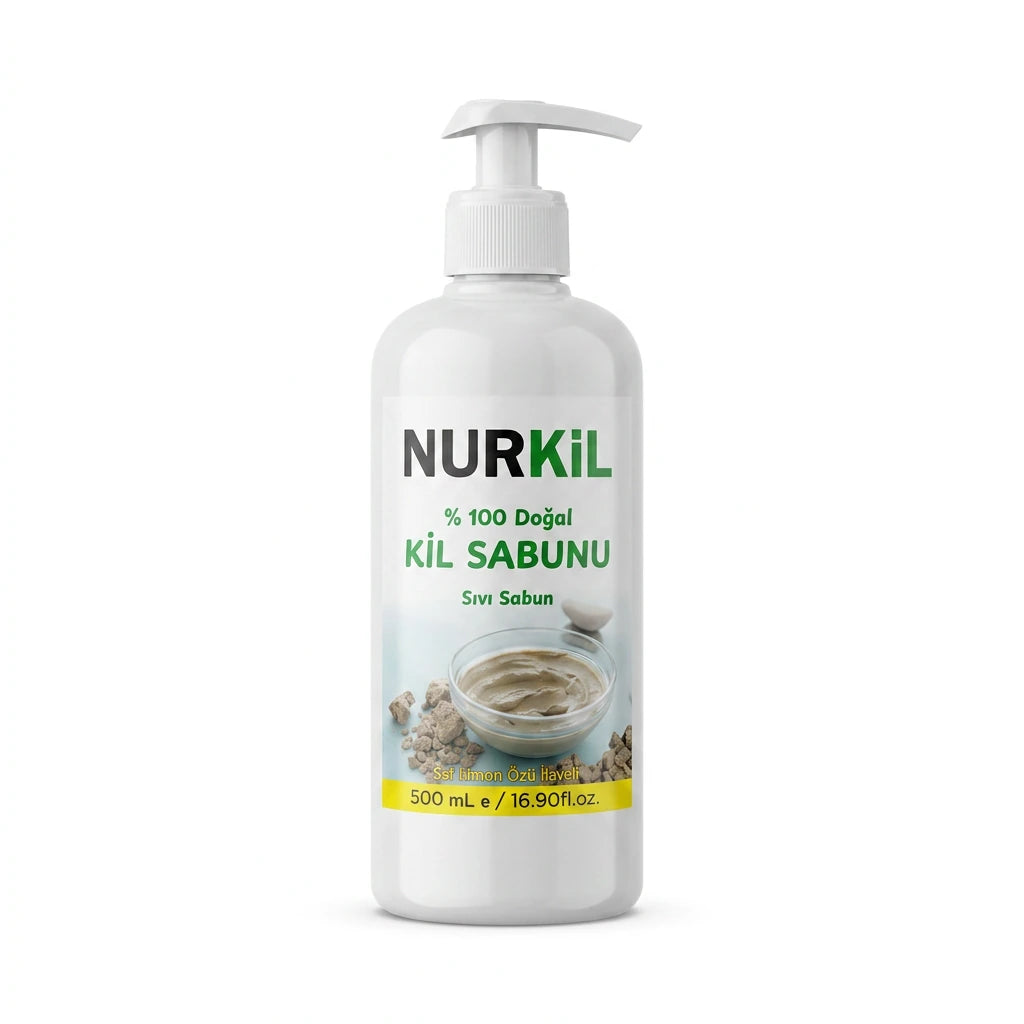 Nurkil %100 doğal limon özlü kil sıvı sabun beyaz fon ürün fotoğrafı.