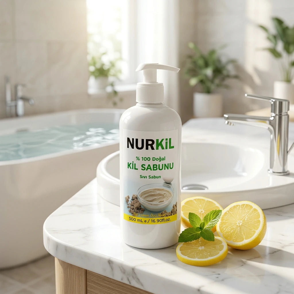 Aydınlık banyo tezgahında taze limon dilimleri eşliğinde Nurkil kil sıvı sabunu.