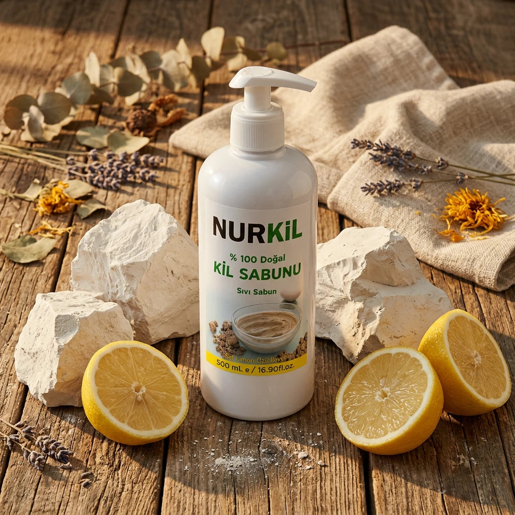 Ahşap masada beyaz mineral taşları ve taze limonlar arasında sergilenen Nurkil sıvı sabun.