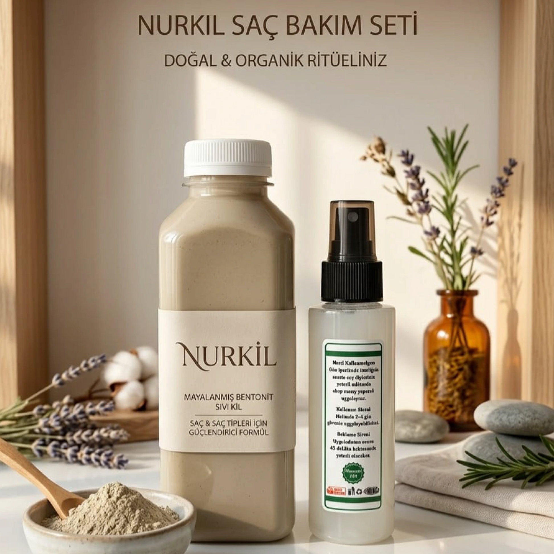 Ferah bir banyo dekorunda mermer üzerinde sunulan Nurkil mayalanmış bentonit kil ve bakım serumu.