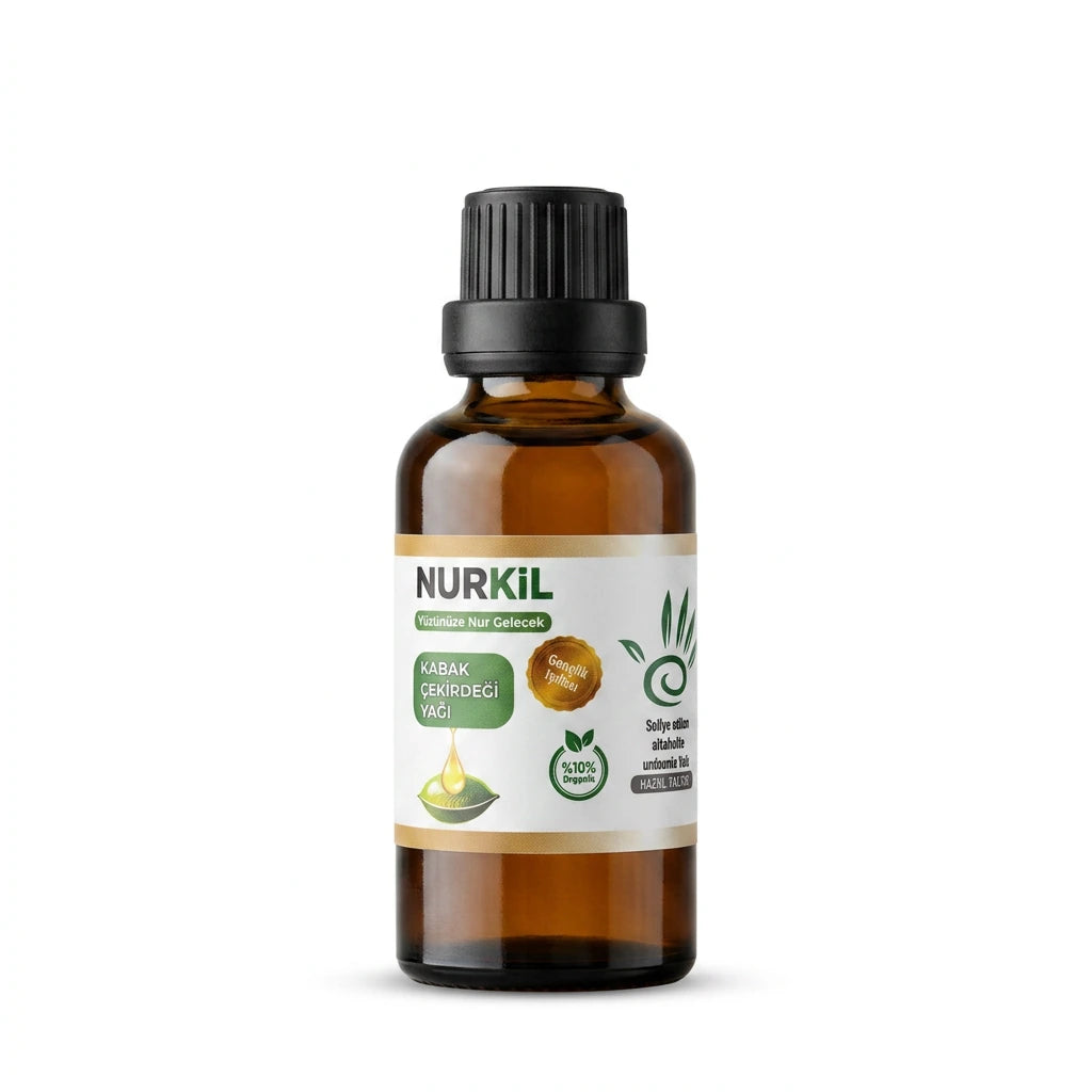 Nurkil %100 saf kabak çekirdeği yağı 50 ml amber cam şişe ve damlalıklı kapak ürün görseli.