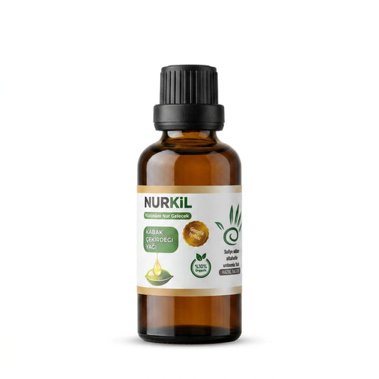 Nurkil %100 saf kabak çekirdeği yağı 50 ml amber cam şişe ve damlalıklı kapak ürün görseli.