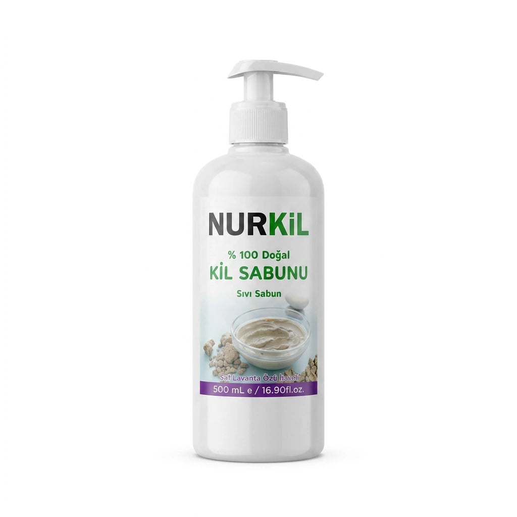 Nurkil %100 doğal lavanta özlü kil sıvı sabun 500 ml beyaz fon ürün fotoğrafı.