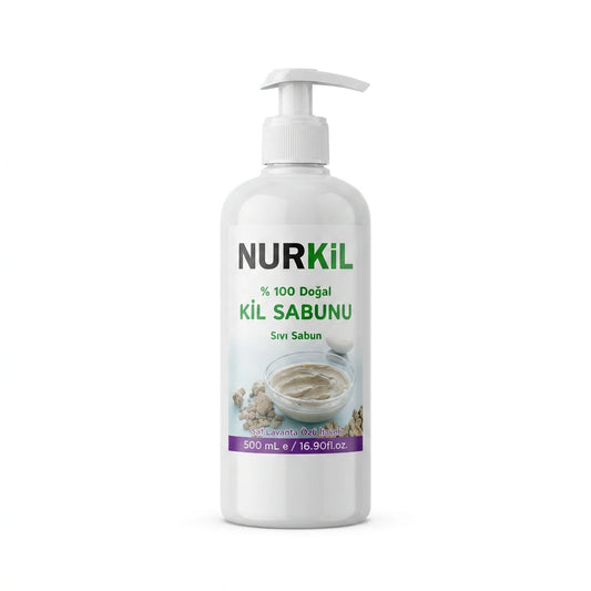 Nurkil %100 doğal lavanta özlü kil sıvı sabun 500 ml beyaz fon ürün fotoğrafı.