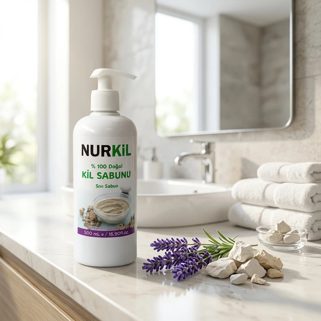 Modern banyo tezgahında taze lavanta dalları eşliğinde Nurkil şifalı kil sıvı sabunu.