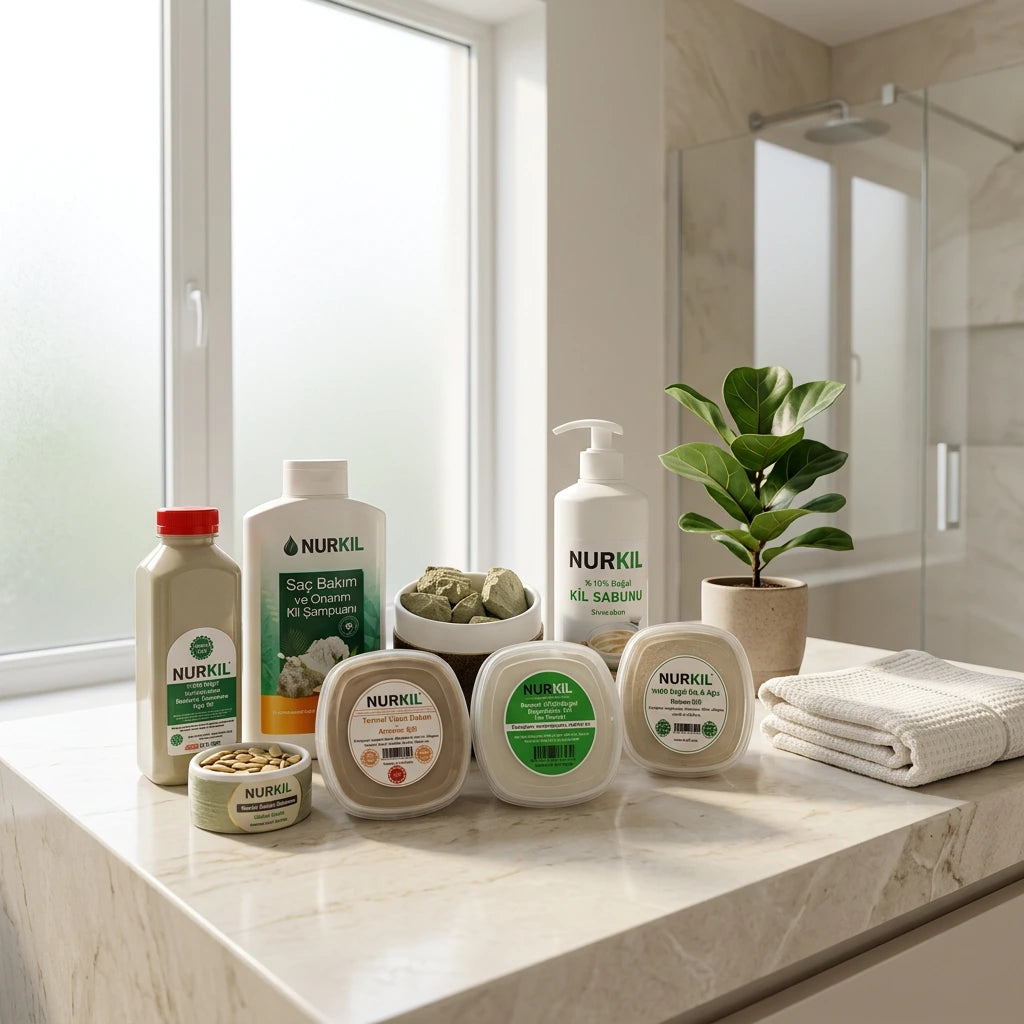 Modern banyo dekorunda sunulan Nurkil Sirius Arınma Seti; lüks spa deneyimi ve mineralli doğal kişisel bakım koleksiyonu.