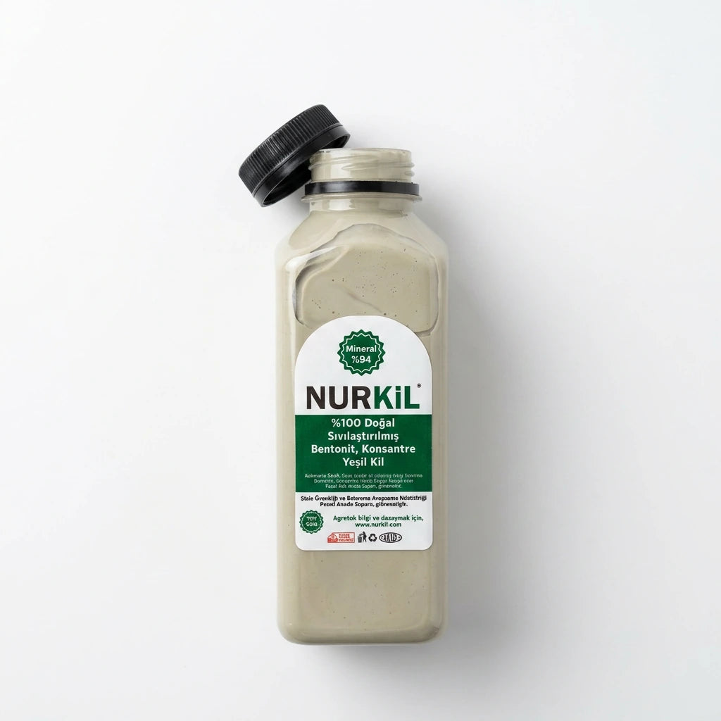 Nurkil konsantre yeşil kil şişesi, %94 mineral içerikli sıvı bentonit ambalaj detay görünümü.