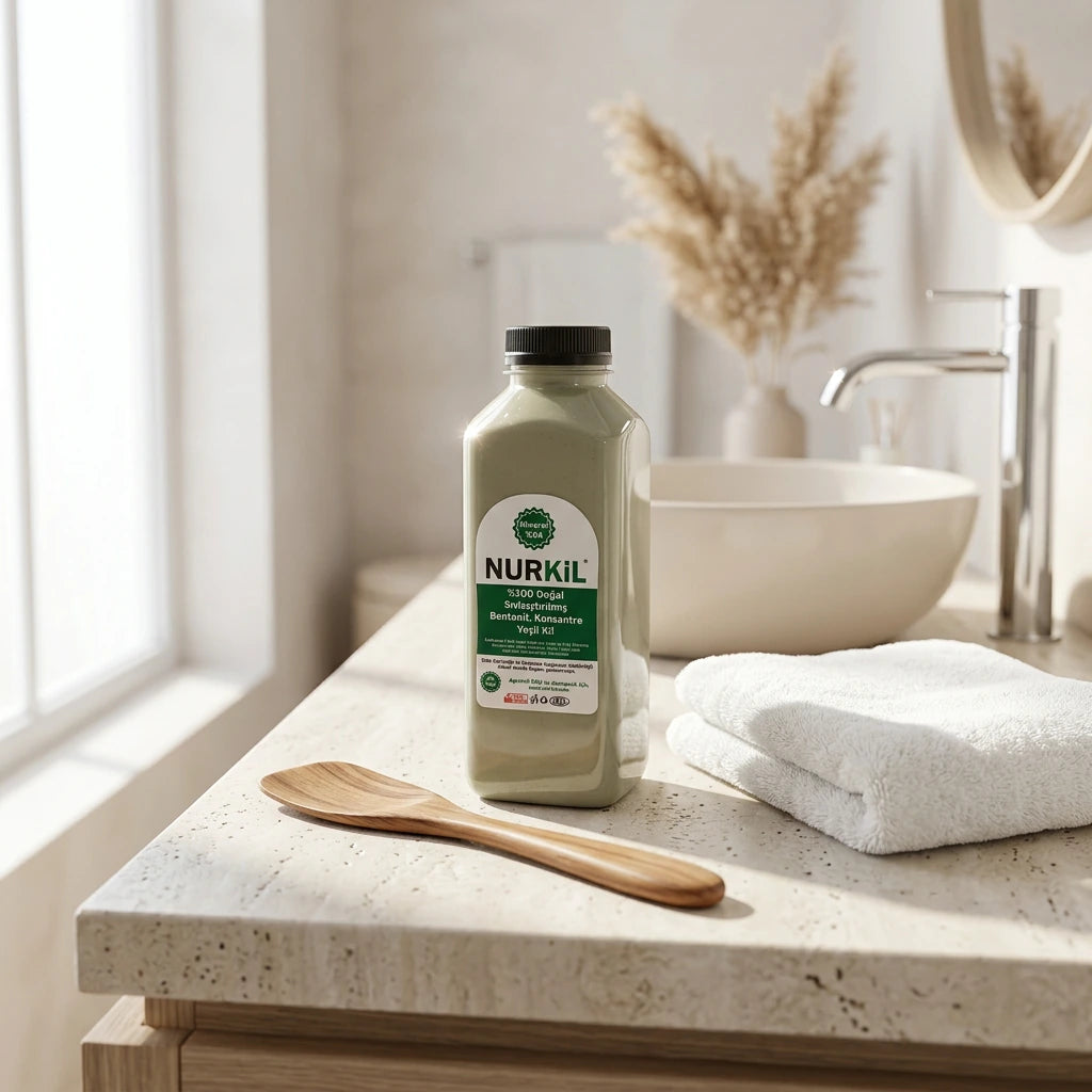 Modern banyo tezgahında ahşap kaşık ve havlu eşliğinde Nurkil sıvılaştırılmış kil ile doğal bakım ve detoks ritüeli.